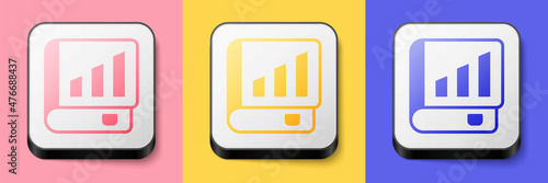 Isometric Financial book icon isolated on pink, yellow and blue background. Square button. Vector