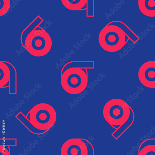 Red Scotch tape icon isolated seamless pattern on blue background. Roll adhesive tape. Insulating tape. Vector