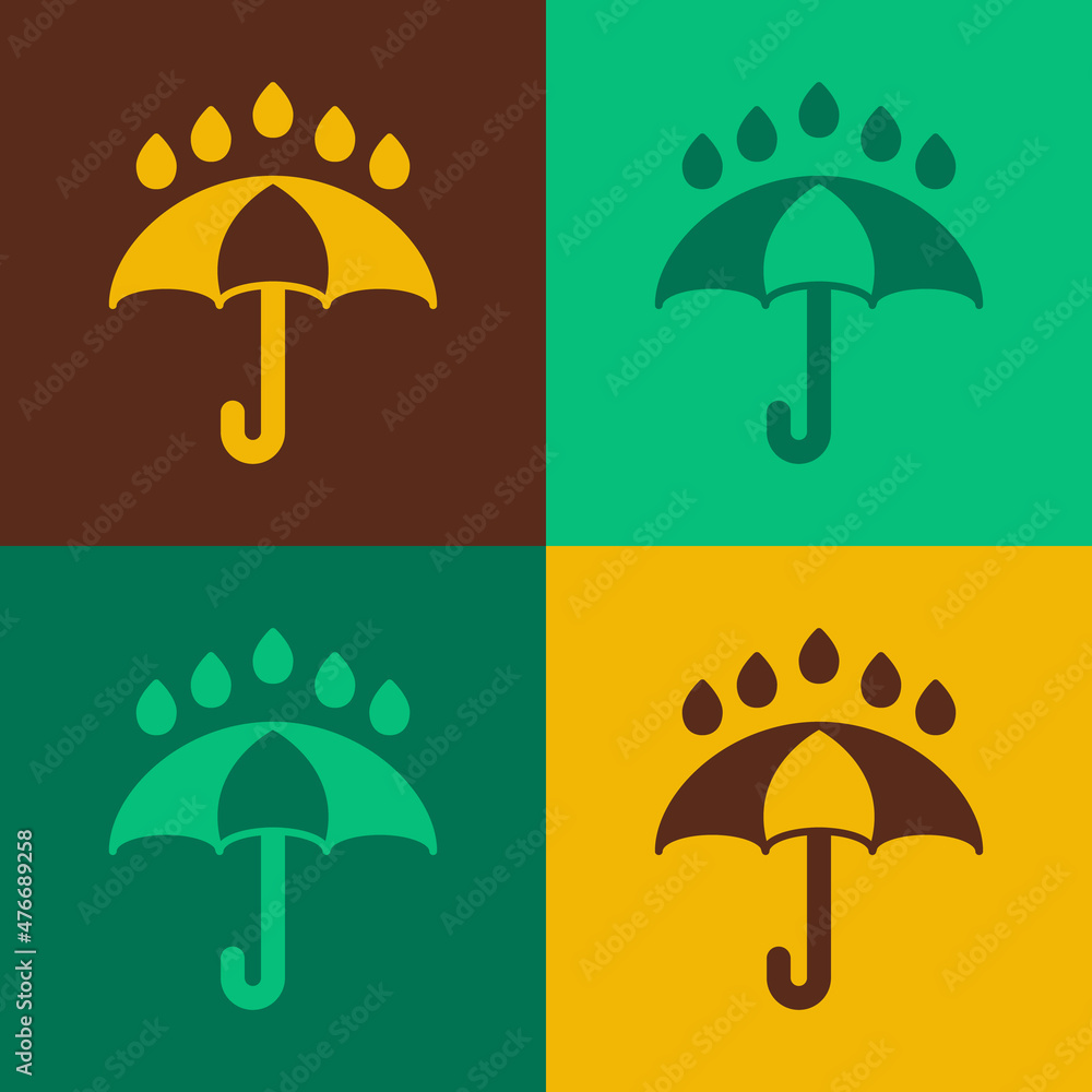 Pop art Umbrella and rain drops icon isolated on color background. Waterproof icon. Protection, safety, security concept. Water resistant symbol. Vector Pop art Umbrella and rain drops icon isolated on color background. Waterproof icon. Protection, safety, security concept. Water resistant symbol. Vector