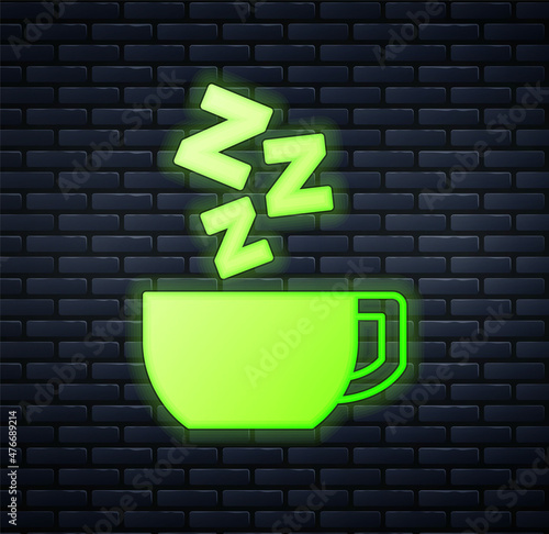 Glowing neon Chamomile tea icon isolated on brick wall background. A useful therapeutic drink from flowers of chamomile medicinal. Vector