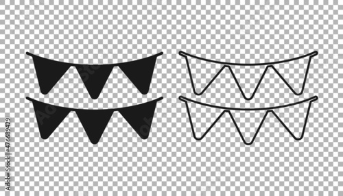 Black Carnival garland with flags icon isolated on transparent background. Party pennants for birthday celebration, festival decoration. Vector