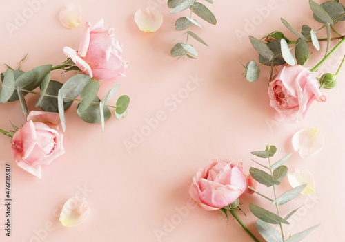 Flowers background.Pink roses and eucalyptus branch frame top view on pink ba...