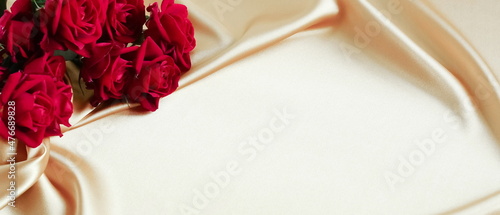 Red roses frame pattern on beige silk texture background with copy space. Ban...