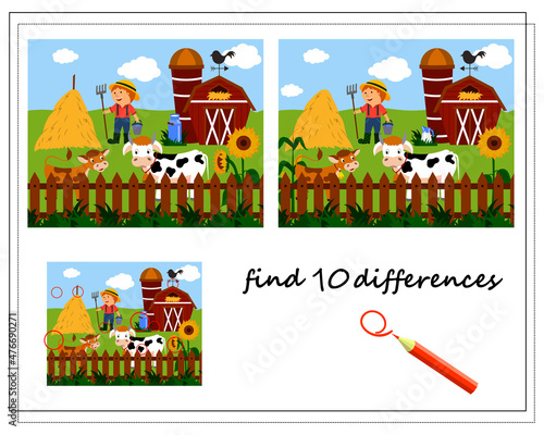 A logical game for children to find the differences. Happy farm, cows on the farm, barn and farmer. Vector