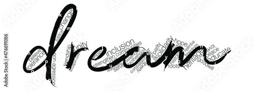An abstract typographic representation of cilvil rights concepts with emphasis on the word dream in black on an isolated white background