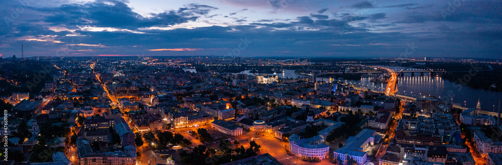 Aerial night view of the the Kyiv city center at night. Top view near the Independence Maidan at Kiev, Ukraine.