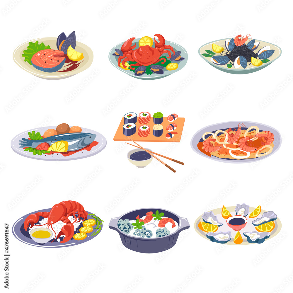 Seafood served, salmon and shrimps, mussels set Seafood served, salmon and shrimps, mussels set