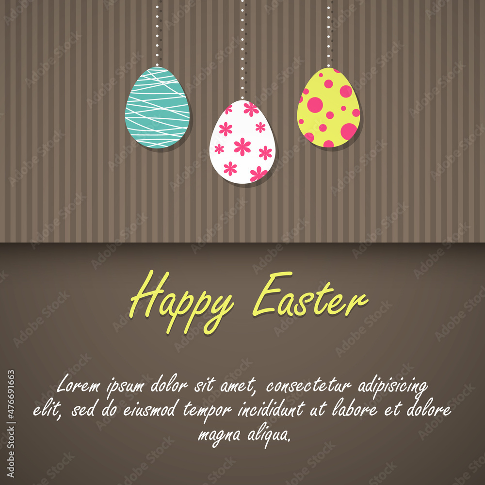 Colorful Easter eggs hanging on a brown background above the place for your text. Vector illustration.