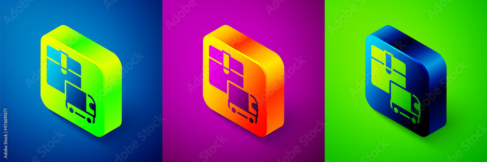 Isometric Delivery cargo truck vehicle icon isolated on blue, purple and green background. Square button. Vector Isometric Delivery cargo truck vehicle icon isolated on blue, purple and green background. Square button. Vector