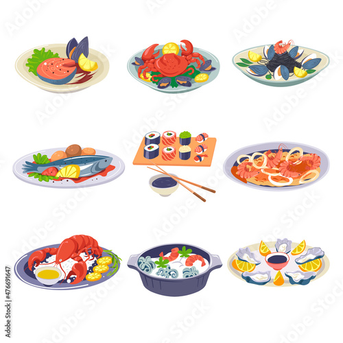 Seafood served, salmon and shrimps, mussels set