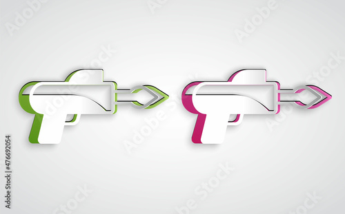 Paper cut Fishing harpoon icon isolated on grey background. Fishery manufacturers for catching fish under water. Diving underwater equipment. Paper art style. Vector