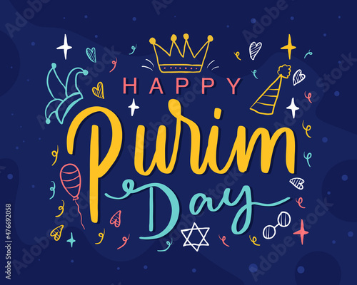 vector design happy purim day hand drawn and hand lettering with ornament