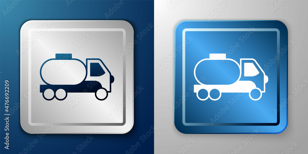 White Tanker truck icon isolated on blue and grey background. Petroleum tanker, petrol truck, cistern, oil trailer. Silver and blue square button. Vector White Tanker truck icon isolated on blue and grey background. Petroleum tanker, petrol truck, cistern, oil trailer. Silver and blue square button. Vector