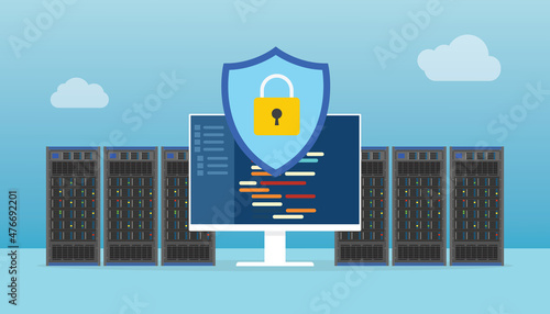 data center security concept with server rack and programming secure sign with modern flat style