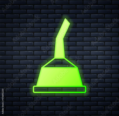 Glowing neon Canister for motor machine oil icon isolated on brick wall background. Oil gallon. Oil change service and repair. Vector
