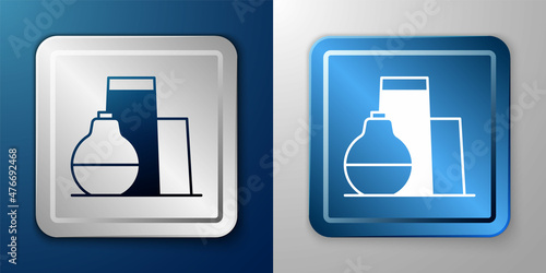 White Oil tank storage icon isolated on blue and grey background. Vessel tank for oil and gas industrial. Oil tank technology station. Silver and blue square button. Vector