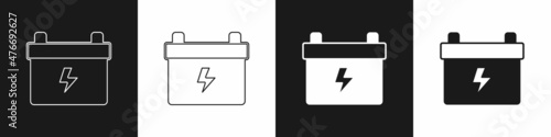 Set Car battery icon isolated on black and white background. Accumulator battery energy power and electricity accumulator battery. Vector