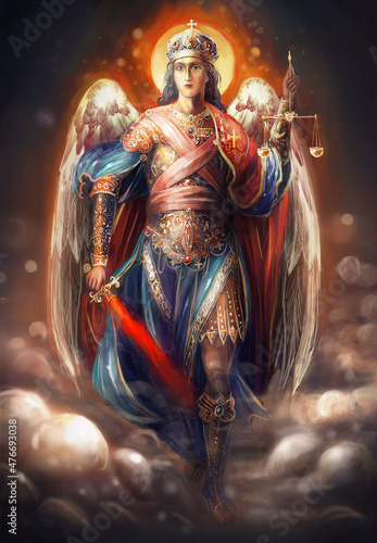 Print op canvas saint archangel Michael walking on clouds