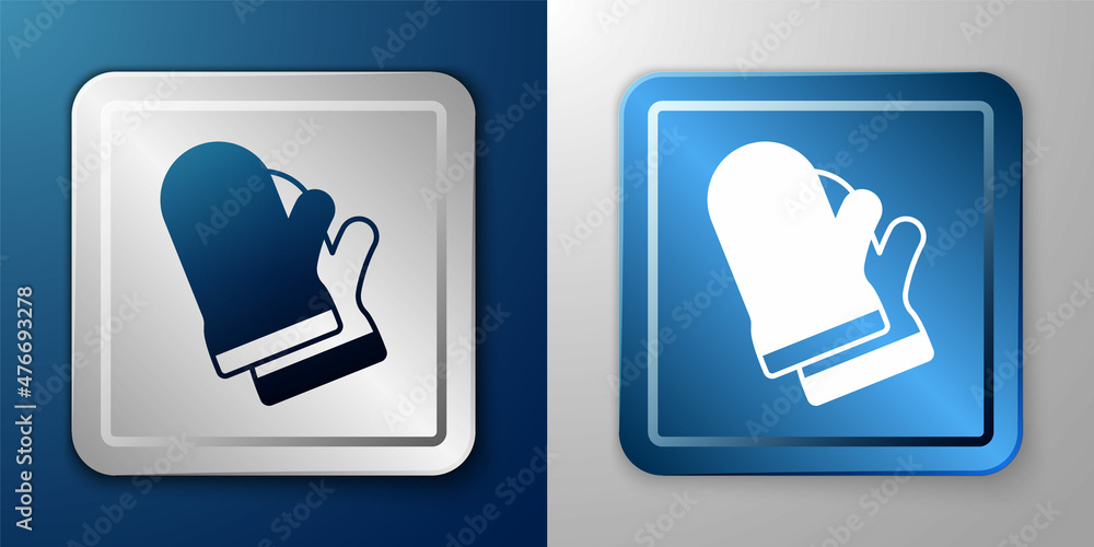 White Protective gloves icon isolated on blue and grey background. Protective clothing and tool worker. Silver and blue square button. Vector White Protective gloves icon isolated on blue and grey background. Protective clothing and tool worker. Silver and blue square button. Vector