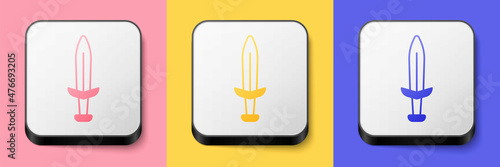 Isometric Medieval sword icon isolated on pink, yellow and blue background. Medieval weapon. Square button. Vector