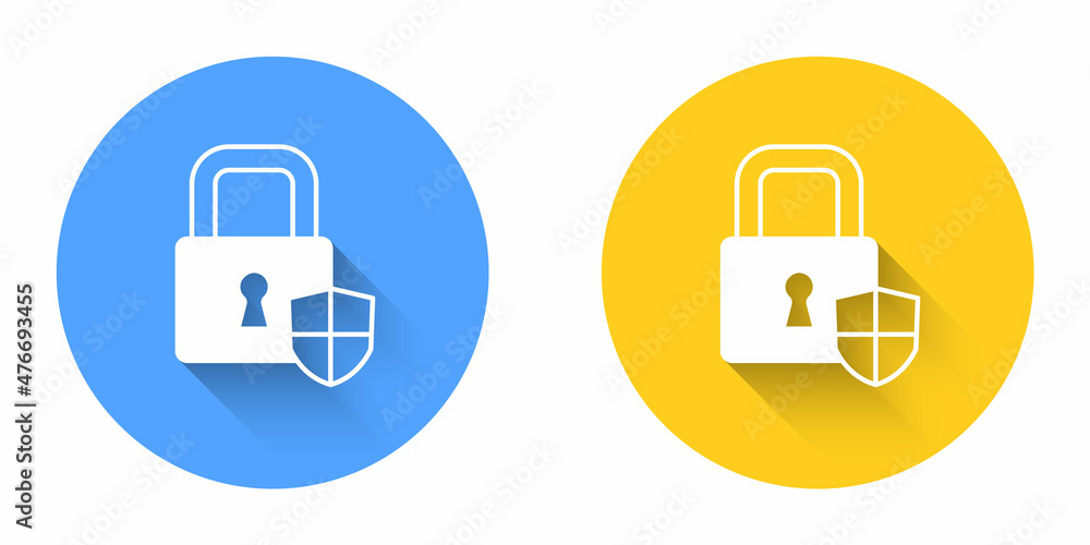 White Shield security with lock icon isolated with long shadow background. Protection, safety, password security. Firewall access privacy sign. Circle button. Vector White Shield security with lock icon isolated with long shadow background. Protection, safety, password security. Firewall access privacy sign. Circle button. Vector