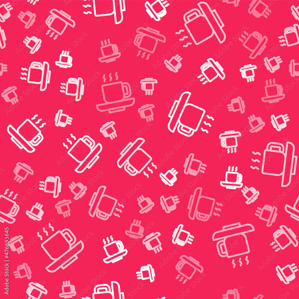 White line Coffee cup icon isolated seamless pattern on red background. Tea cup. Hot drink coffee. Vector White line Coffee cup icon isolated seamless pattern on red background. Tea cup. Hot drink coffee. Vector