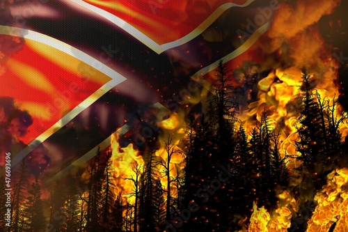 Forest fire natural disaster concept - flaming fire in the trees on Novorossia flag background - 3D illustration of nature