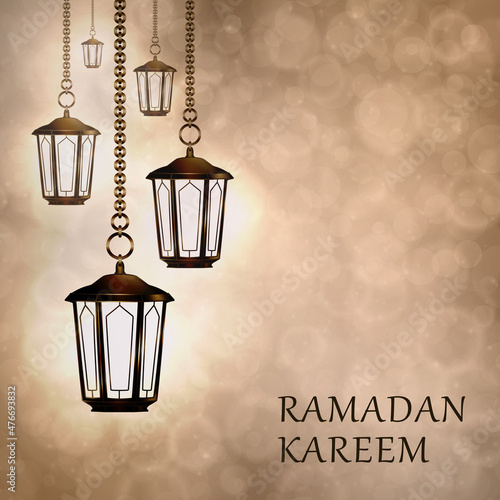 Dark brown the lights on bright bokeh background. Ramadan Kareem.