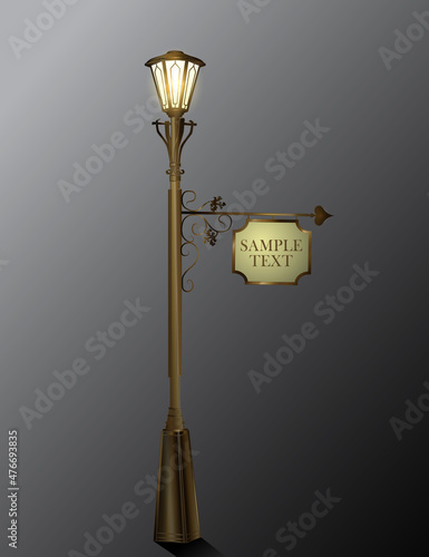 Bronze street lamp with a sign on a gray background. The vector image.