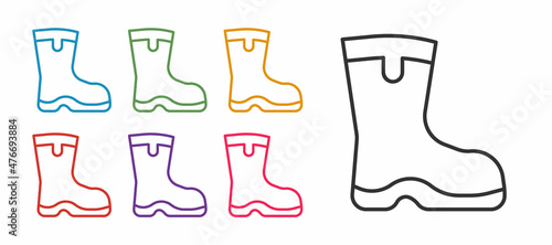 Set line Fishing boots icon isolated on white background. Waterproof rubber boot. Gumboots for rainy weather  fishing  hunter  gardening. Set icons colorful. Vector