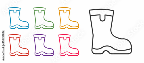 Set line Fishing boots icon isolated on white background. Waterproof rubber boot. Gumboots for rainy weather, fishing, hunter, gardening. Set icons colorful. Vector