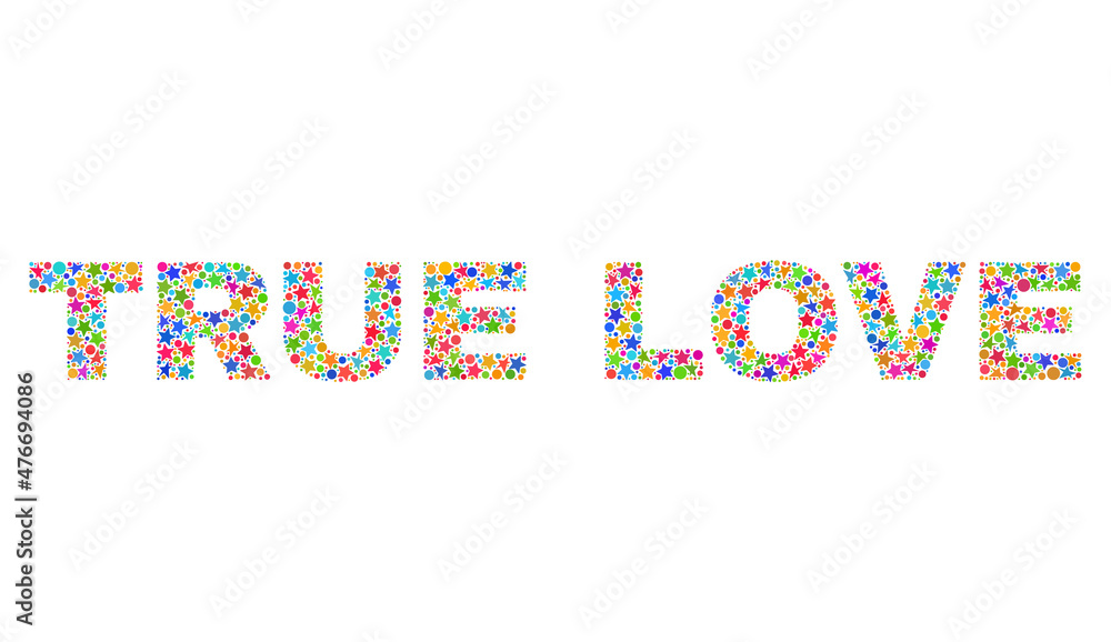 TRUE LOVE caption with bright mosaic flat style. Colorful vector illustration of TRUE LOVE caption with scattered star elements and small circles. Festive design for decoration titles. TRUE LOVE caption with bright mosaic flat style. Colorful vector illustration of TRUE LOVE caption with scattered star elements and small circles. Festive design for decoration titles.