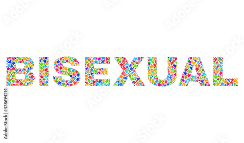 BISEXUAL text with bright mosaic flat style. Colorful vector illustration of BISEXUAL text with scattered star elements and small circles. Festive design for decoration titles.