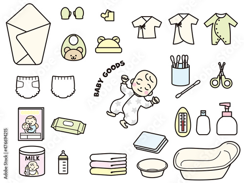 寝ている赤ちゃんとベビーグッズ