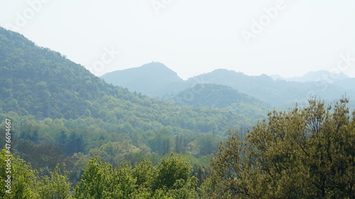 The beautiful lake landscapes in the Hangzhou city of the China in spring with fresh green mountains