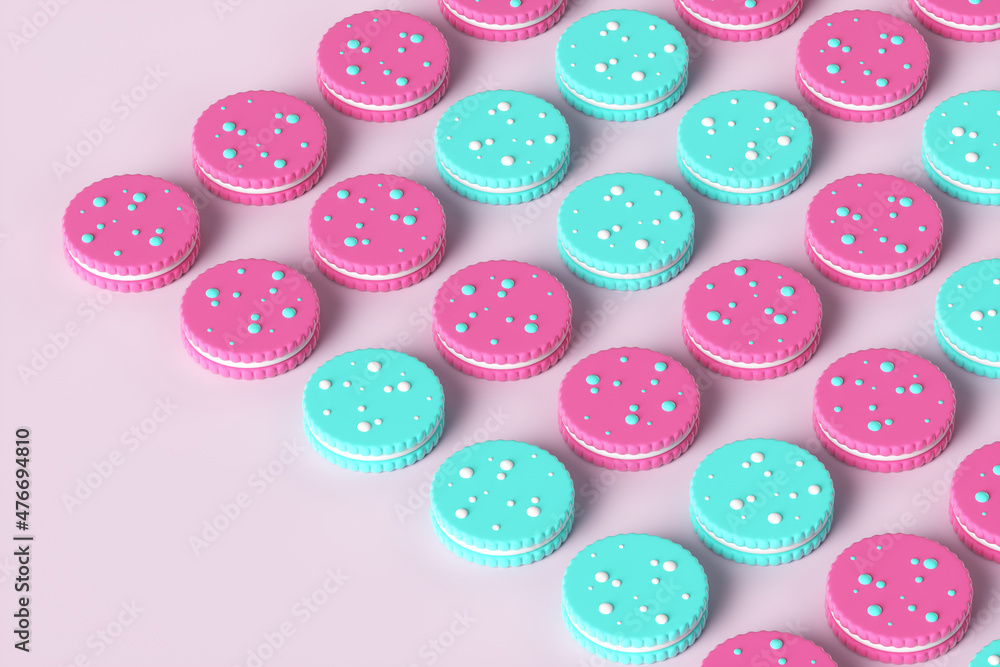 Pop art colored sweet cookies on a pink background. 3d rendering illustration.