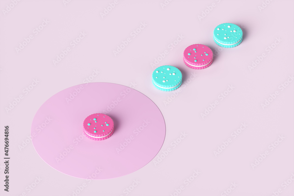 Colored sweet cookies on a pink background. 3d rendering illustration.