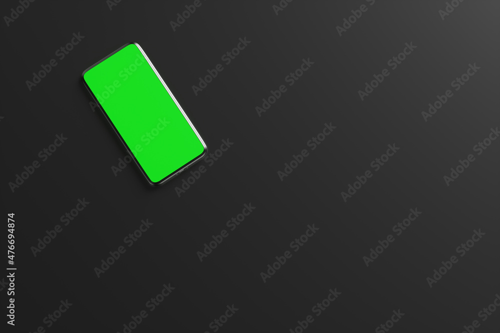 One smartphone with chroma key screen on a black background. 3d rendering illustration One smartphone with chroma key screen on a black background. 3d rendering illustration
