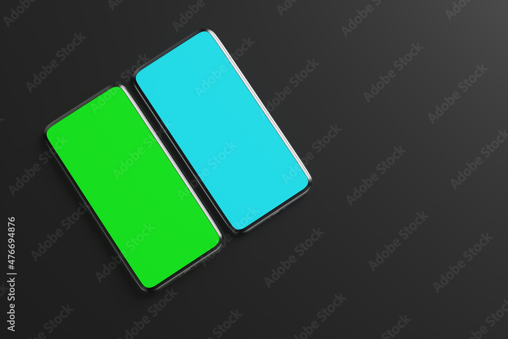 Two smartphones with a chroma key screen on a black background. 3d rendering illustration Two smartphones with a chroma key screen on a black background. 3d rendering illustration