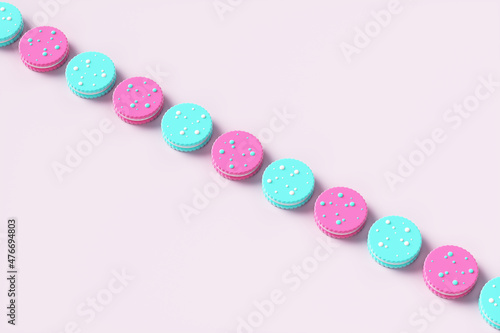 Pop art colored sweet cookies on a pink background. 3d rendering illustration.