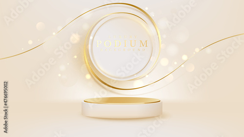 Realistic cream color podium with gold ribbon elements with glitter light effect. Luxury banner background design.