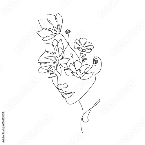 Woman Head with Flowers Line Vector Drawing. Style Template with Female Face with Flowers. Modern Minimalist Simple Linear Style. Beauty Fashion Design