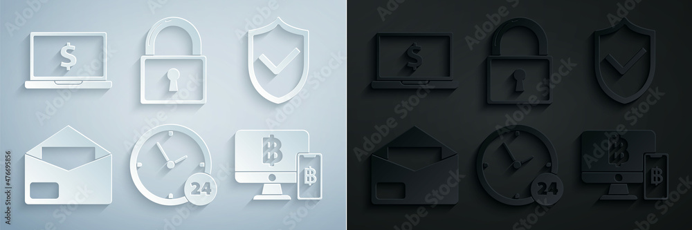 Set Clock 24 hours, Shield with check mark, Envelope, Computer monitor mobile phone and bitcoin, Lock and Laptop dollar symbol icon. Vector Set Clock 24 hours, Shield with check mark, Envelope, Computer monitor mobile phone and bitcoin, Lock and Laptop dollar symbol icon. Vector