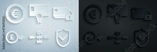 Set Business hierarchy organogram chart infographics, Credit card with lock, Coin money pound sterling symbol, Shield check mark, Certificate template and euro icon. Vector