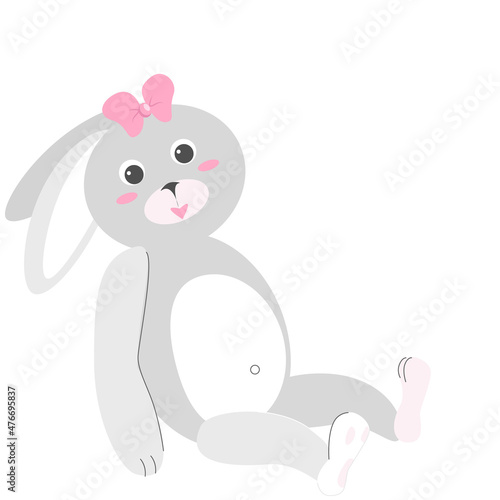 A gray bunny with a pink bow is a soft children's toy. Cute vector illustration isolated on white background