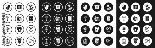 Set Award cup and American football ball, club logo template, Locker changing room for football, basketball team workers, Planning strategy concept, shield and icon. Vector