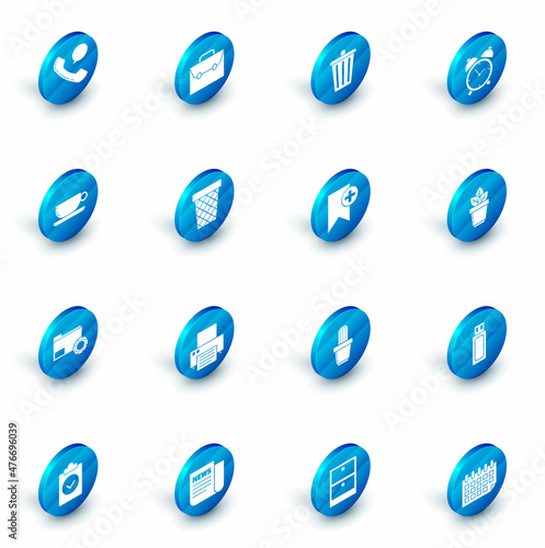 Set Briefcase, Trash can, Alarm clock, Coffee cup flat, Folder settings with gears, Flowers pot and Bookmark icon. Vector