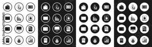 Set Safe, Pie chart infographic and coin, Chalkboard, Wallet with stacks paper money cash, User manual, Money bag diagram, Resume and icon. Vector