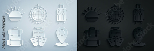 Set Ship, Suitcase for travel and stickers, Hiking backpack, Map pin, Globe with flying plane and Sunset icon. Vector
