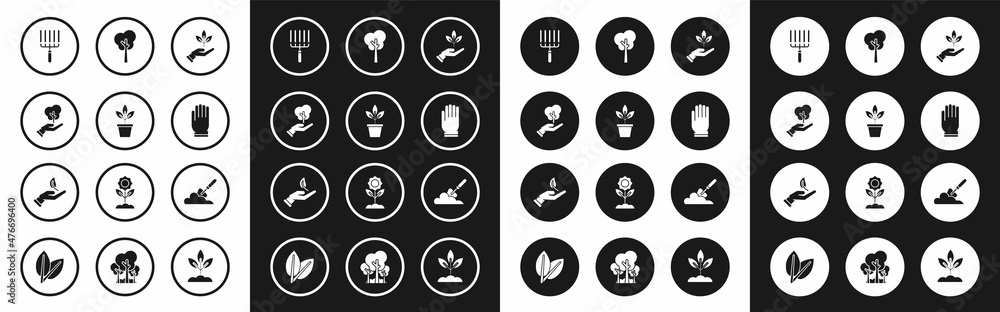 Set Plant in hand of environmental protection, Flowers pot, Tree, Garden rake work, gloves, trowel spade shovel the ground and Sprout icon. Vector